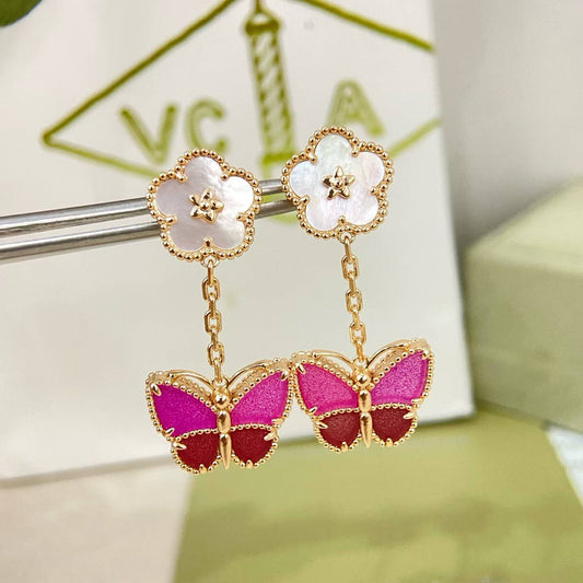 [Rose Tomorrow]ROSE QUARTZ TWO‑FLOWER BUTTERFLY DROP EARRINGS