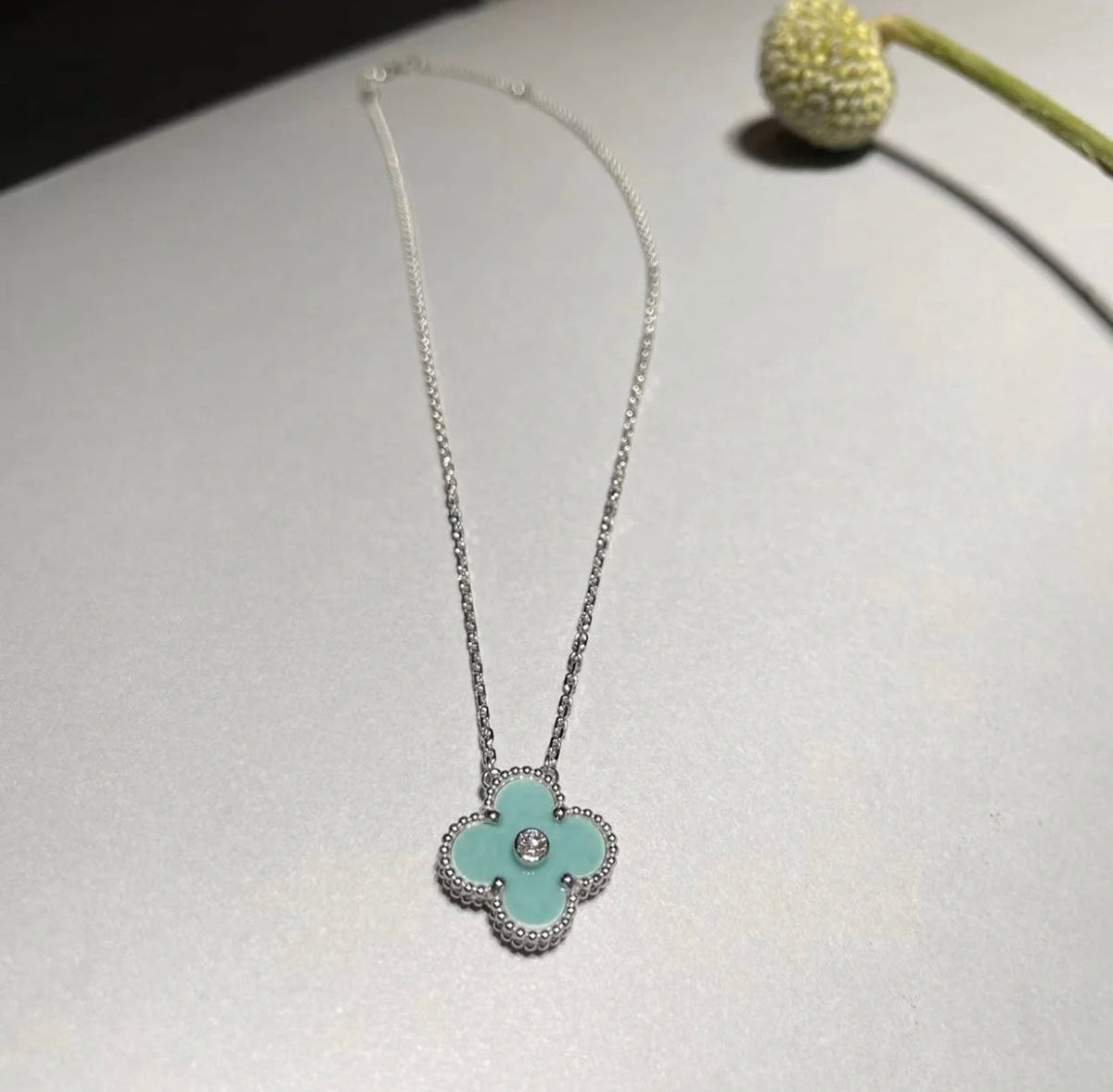 [Rose Tomorrow]CLOVER 1 DIAMOND LIGHT BLUE SILVER NECKLACE